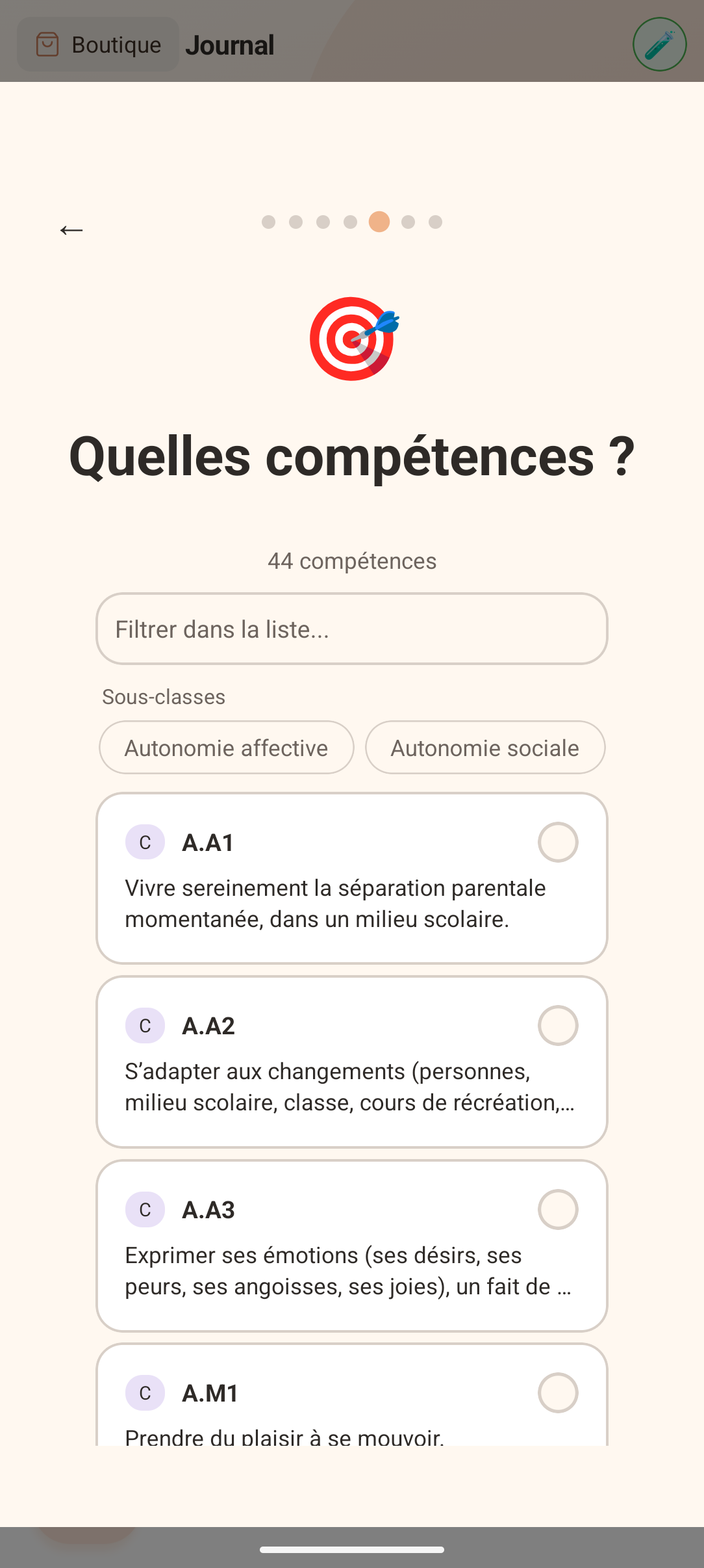Sélection des compétences sur mobile