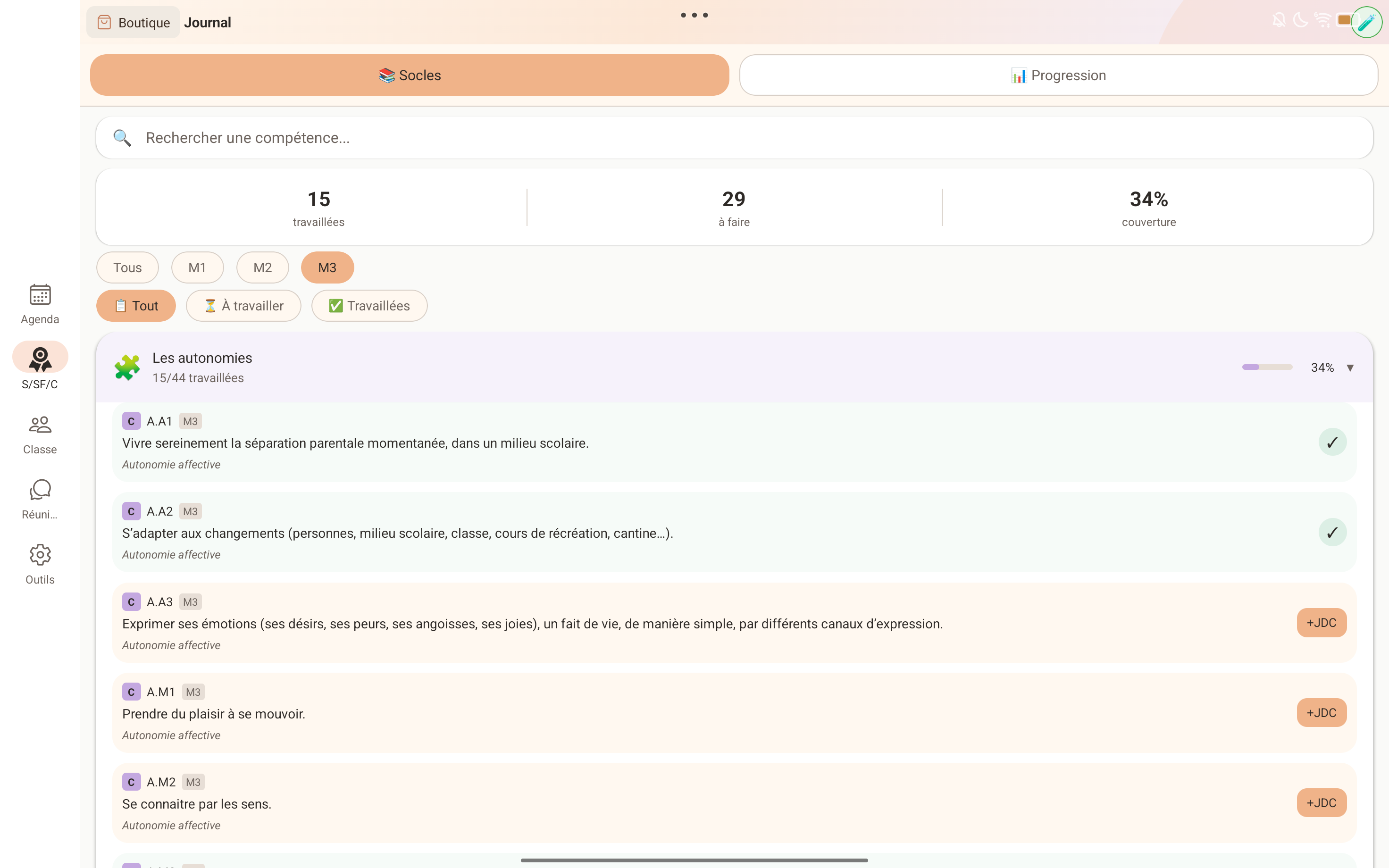 Détail des compétences — autonomies sur tablette