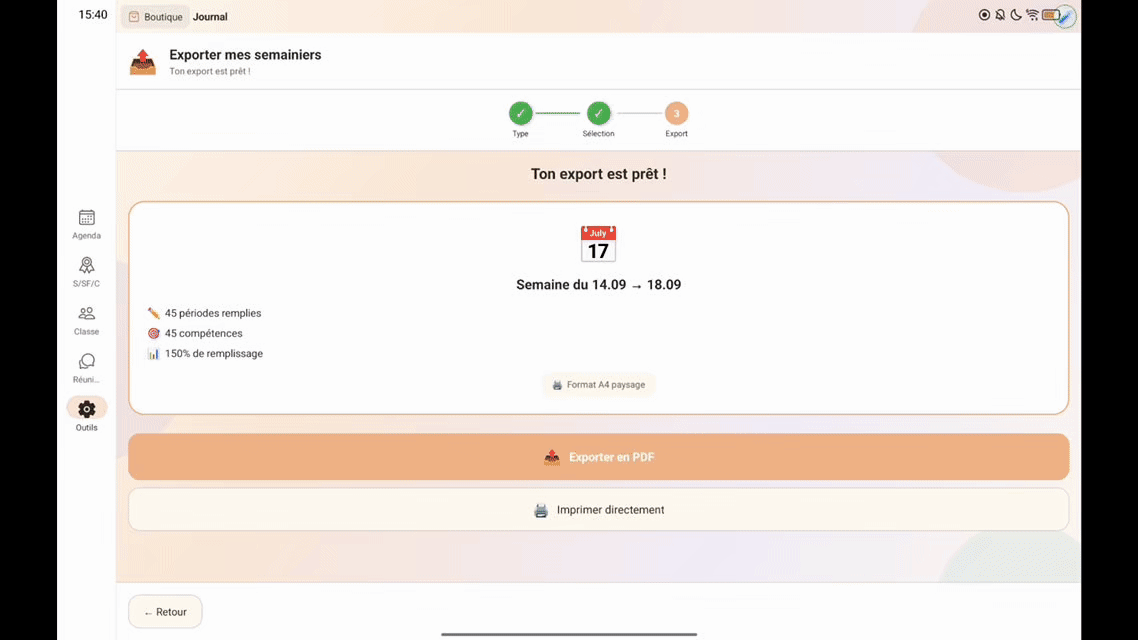 Export PDF prêt pour l'inspection — aperçu animé du processus d'export