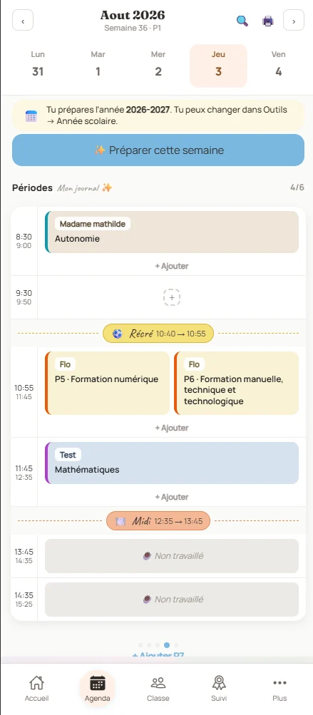 Vue jour du journal de classe : périodes, activités et bouton Préparer cette semaine