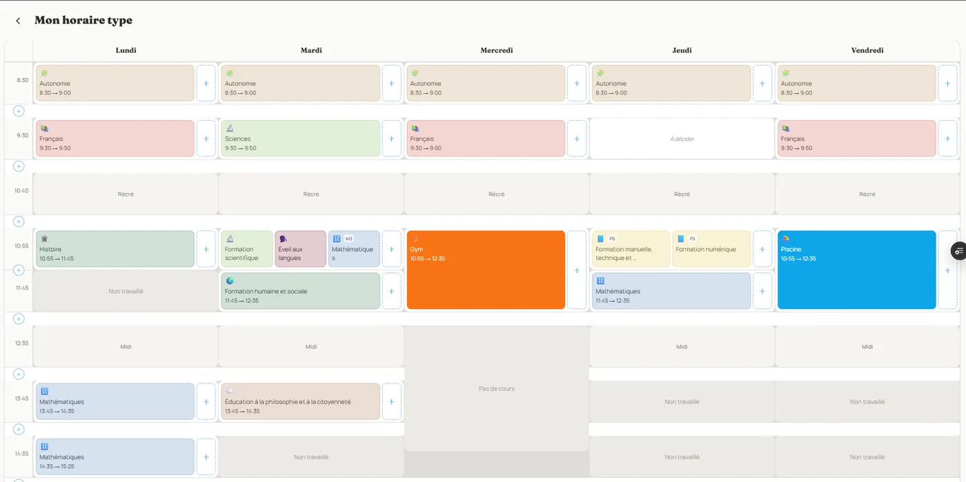 Horaire type complet avec matières en couleurs
