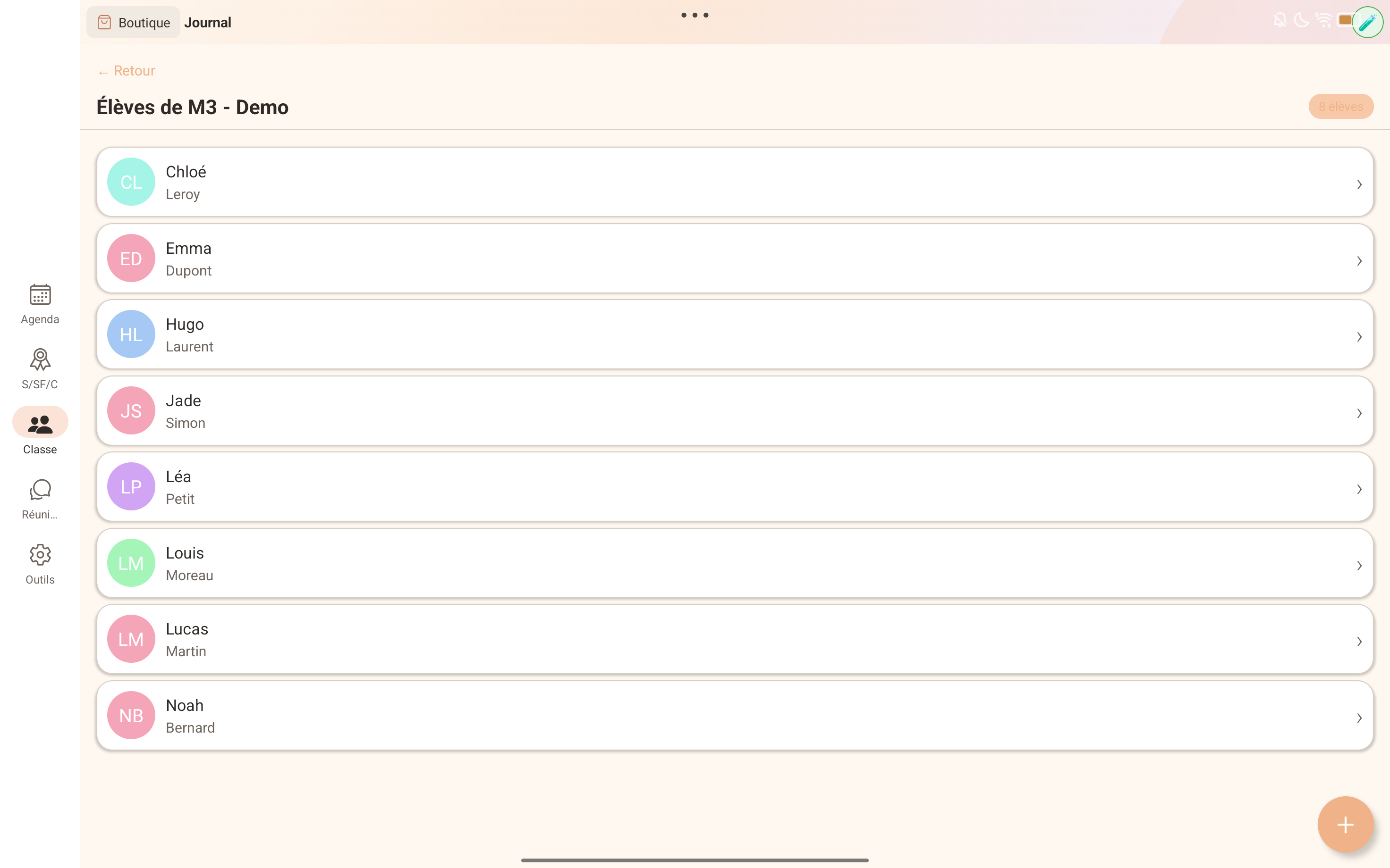 Liste des élèves d'une classe — vue tablette