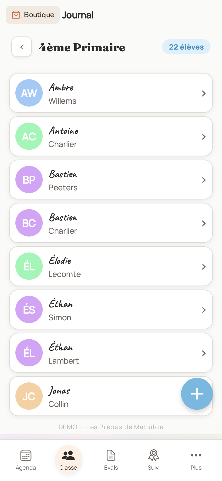 Liste des élèves d'une classe sur mobile