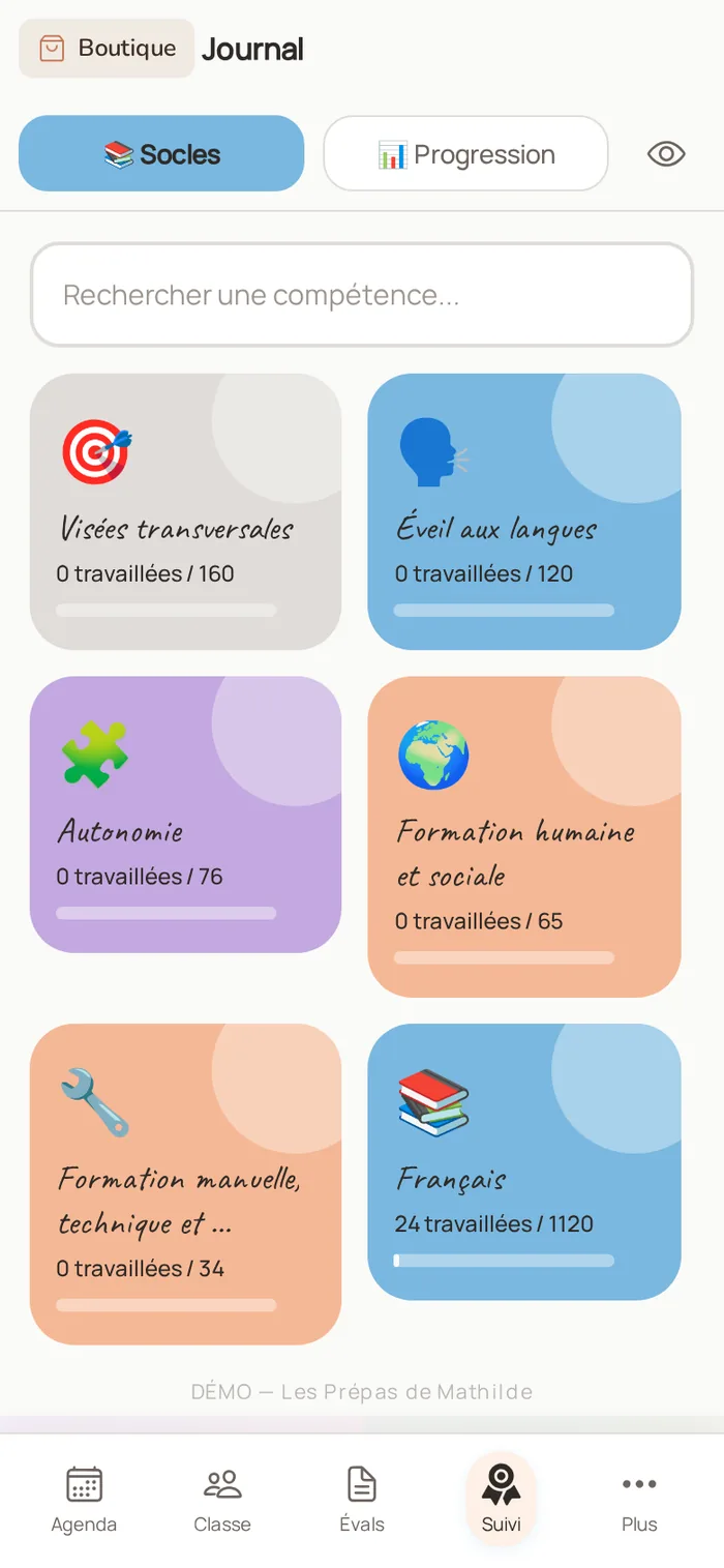 Vue Socles : référentiels CECP et SeGEC par domaine sur mobile