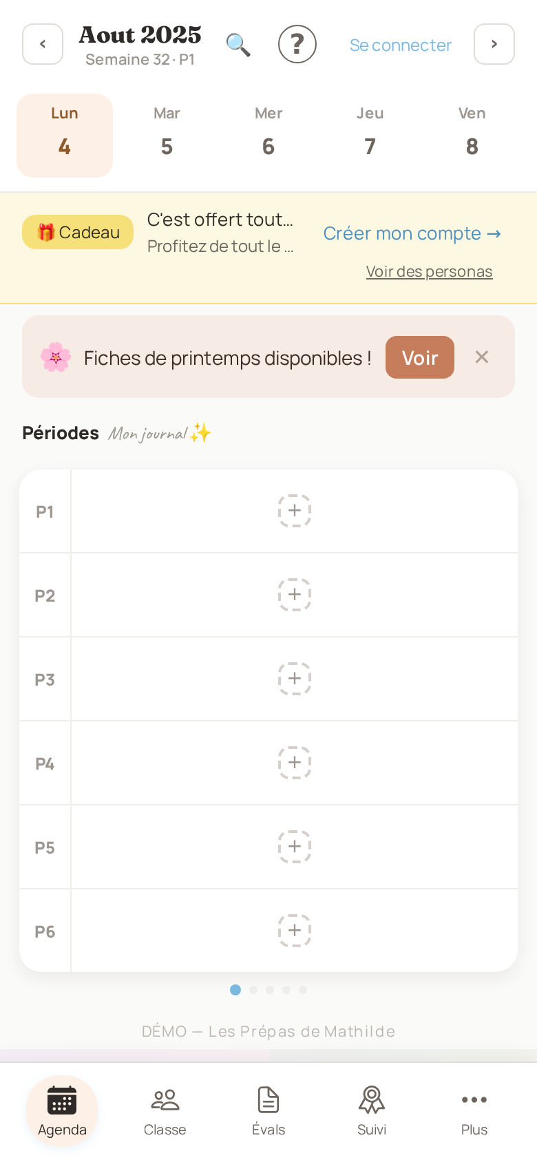 Vue semaine du journal de classe, périodes P1 à P6