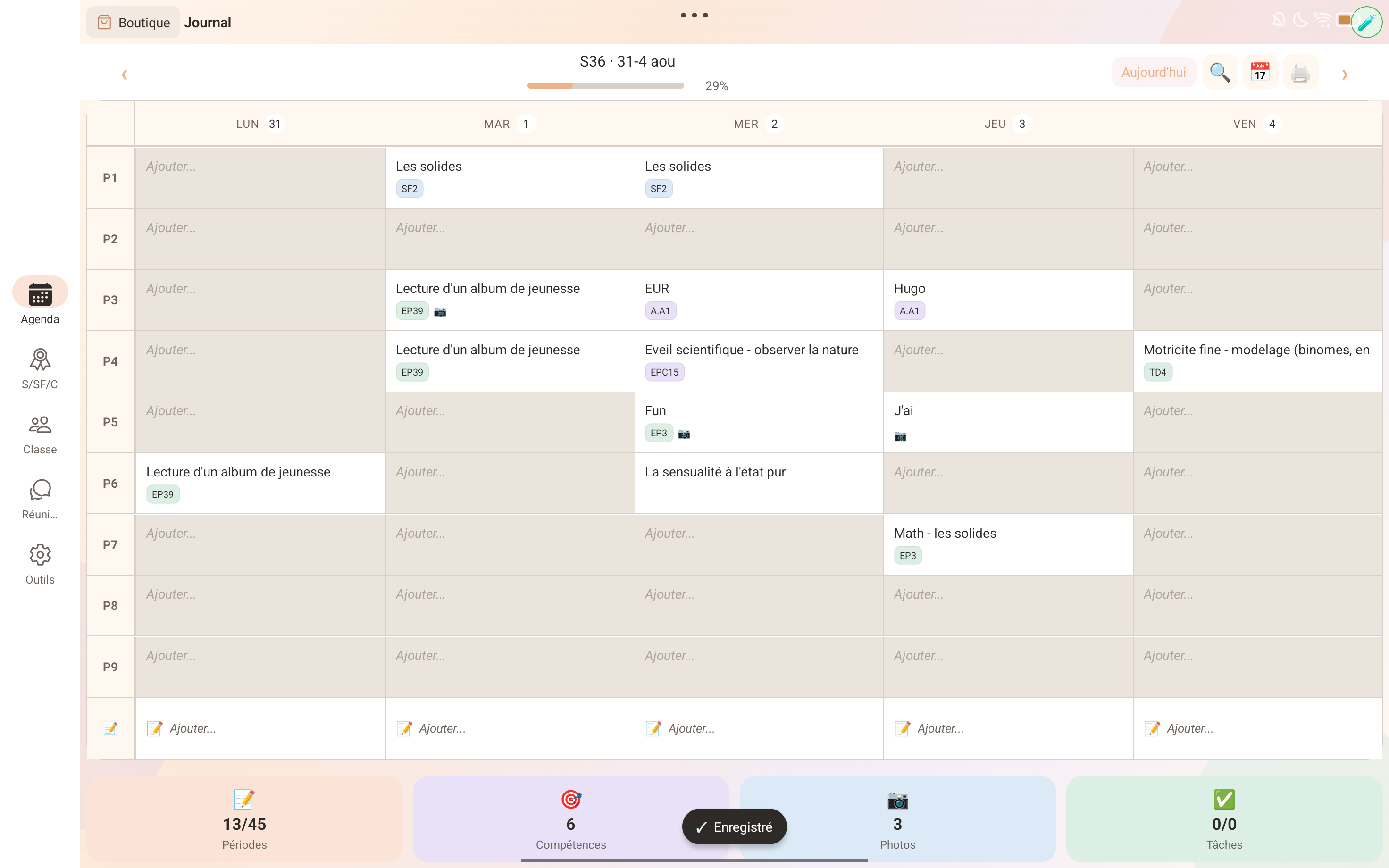 Remplissage de la vue semaine